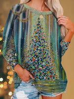 Green Casual Round Neck Christmas Tree Printed Long Sleeve Sweatshirts