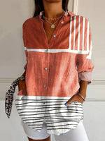 Casual Striped Colour Block Buttoned Blouse
