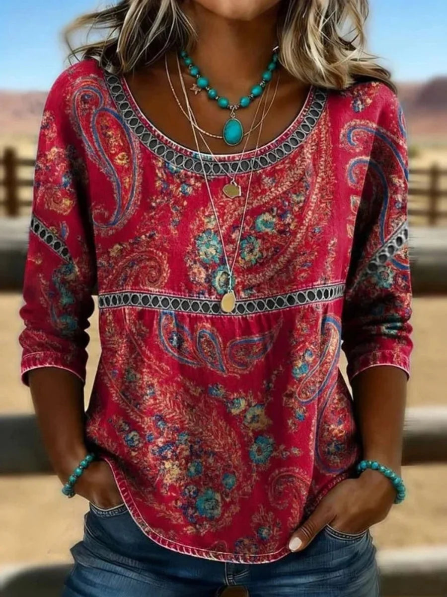 Vintage Ethnic Print Round Neck Long Sleeve Blouse