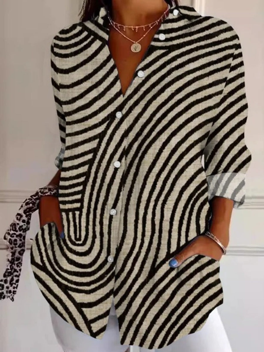 Abstract Stripes Shirt Collar Long Sleeve Buttoned Regular Loose Shirt