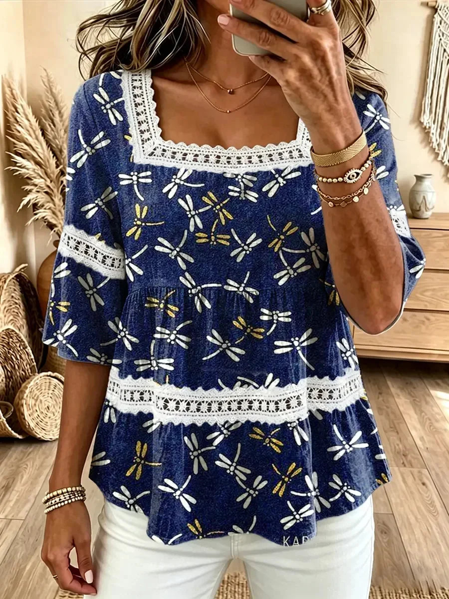Square Neck Half Sleeve Striped Regular Micro-Elasticity Loose Blouse