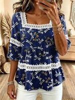 Square Neck Half Sleeve Striped Regular Micro-Elasticity Loose Blouse