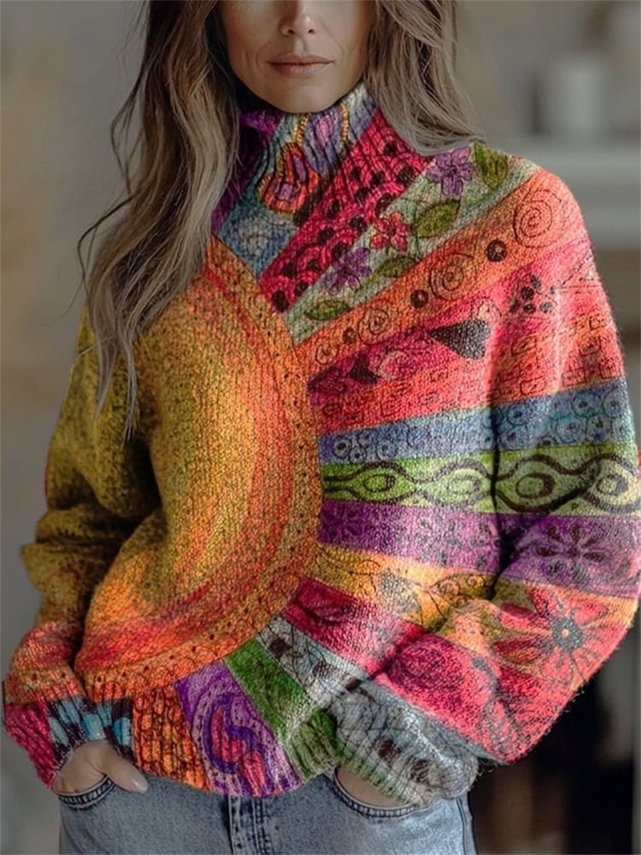 Vintage Patchwork Sunburst Print Round Neck Long Sleeve Comfy Sweater