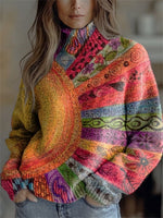 Vintage Patchwork Sunburst Print Round Neck Long Sleeve Comfy Sweater