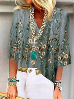 Trendy Green Floral Print 3/4 Sleeve Top