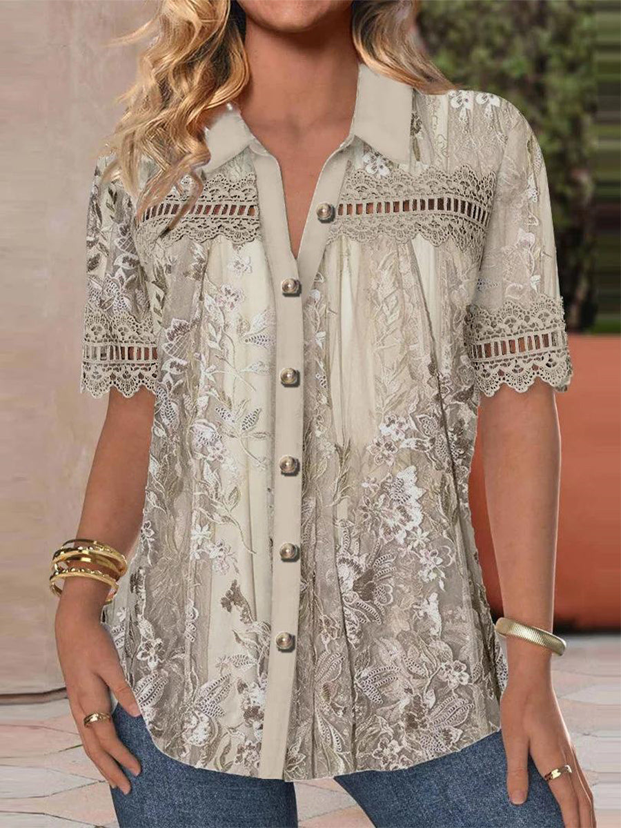 Women?ˉs Floral Lace Trim Button Front Short Sleeve Collar Blouse