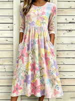 Women Abstract Plaid Summer Dress Crew Neck 3/4 Sleeve T-Shirt Dress A-Line Dress