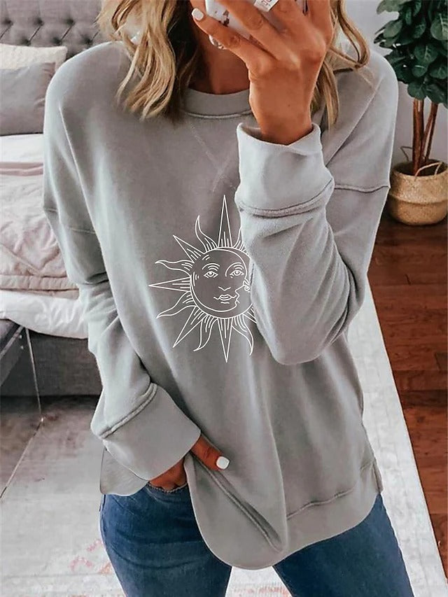 Gray Casual Graphic Tops Round Neck Sun Printed Long Sleeve Sweatshirt