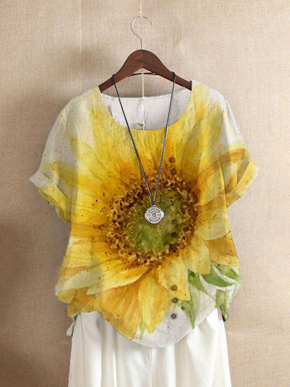 Yellow Sunflower Printed Round Neck T-shirt with Buttons