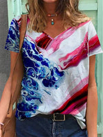 Casual V-neck Short Sleeve Abstract Printed Blouse