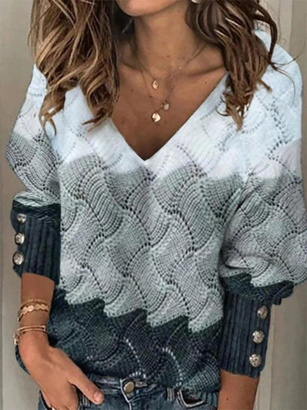 Multi Casual Graphic Tops V-neck Long Sleeve Patchwork Printed Sweaters