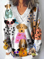 Casual Colorful Cartoon Dog Print V-neck Long Sleeve Loose Sweater