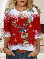 Red Casual Graphic Tops Round Neck Elk Printed Long Sleeve Xmas Sweatshirts