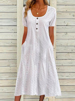 Plain Crew Neck Short Sleeve Comfy Casual Buckle Maxi Dress