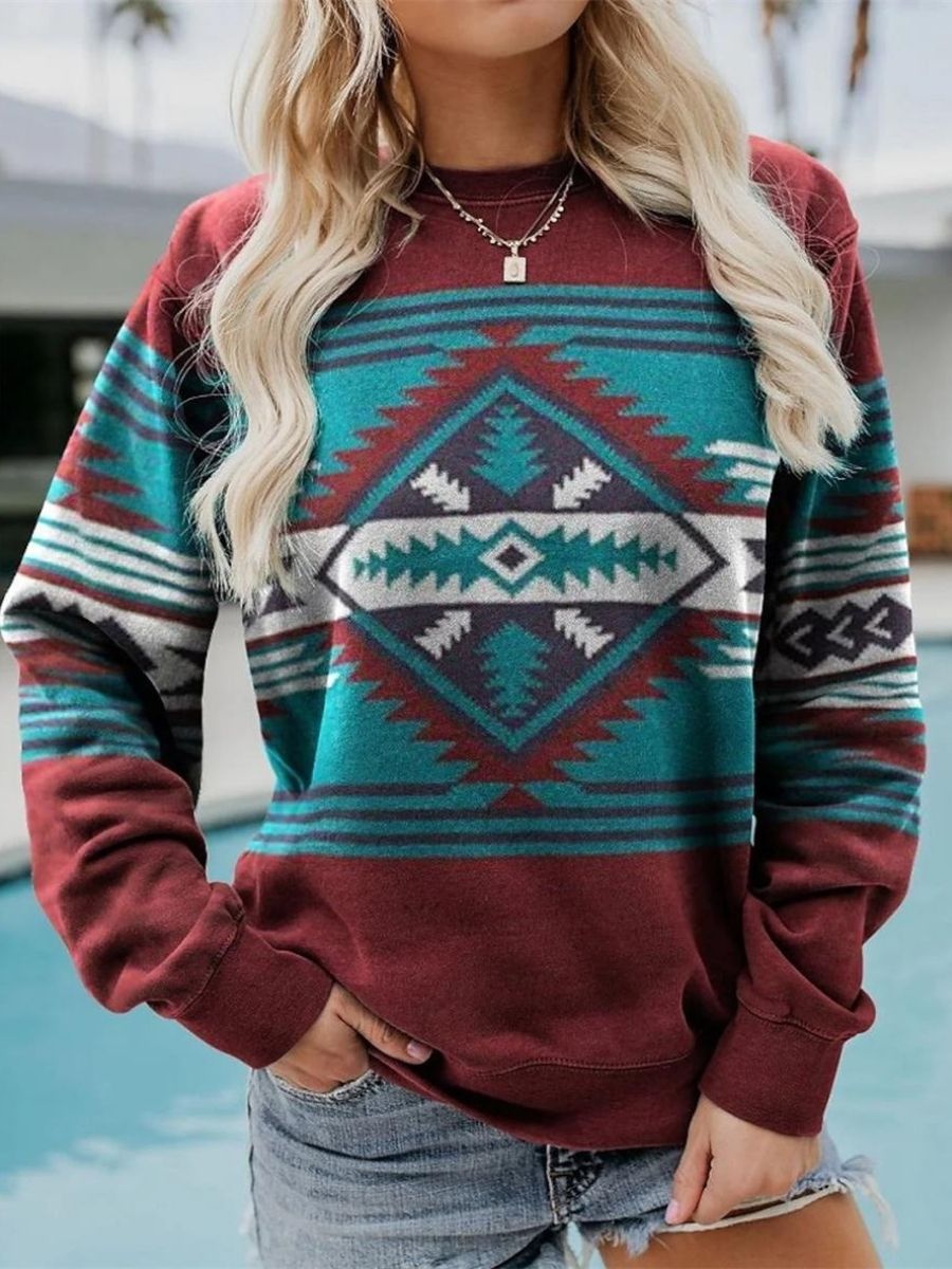 Wine Red Casual Graphic Tops Round Neck Stripe Printed Long Sleeve Sweatshirt