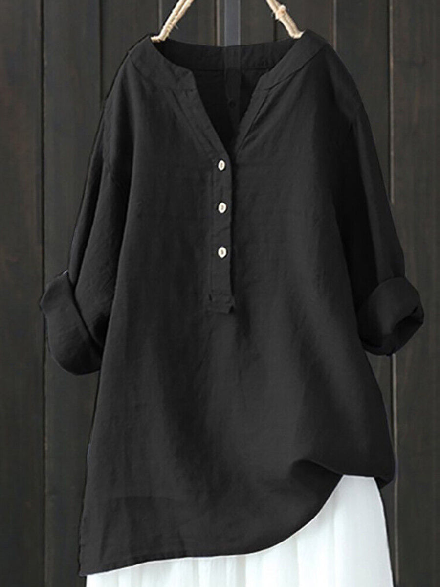 Standing Collar Solid Color Button Up Long Sleeve Top