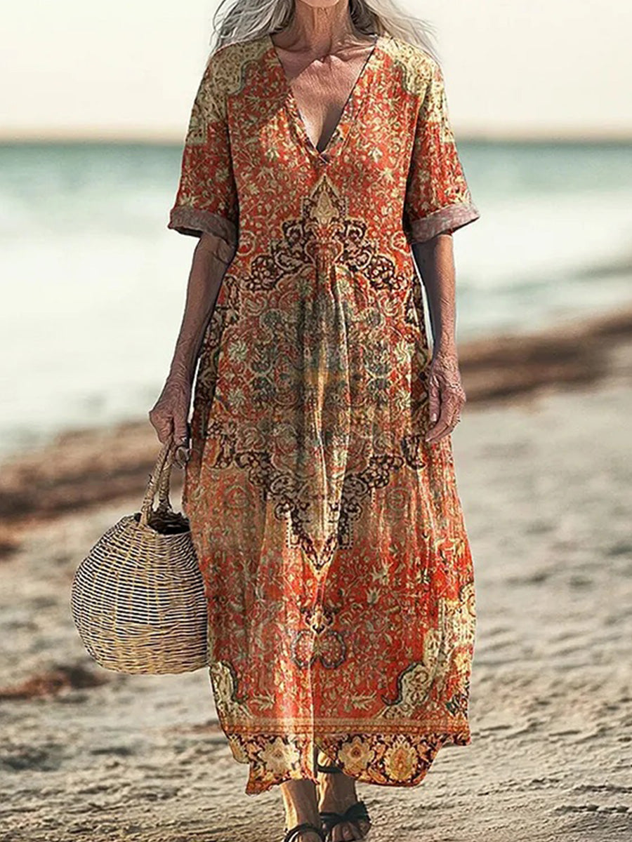 Women's Retro Ethnic Totem Art Print Short Sleeve Cotton Dress