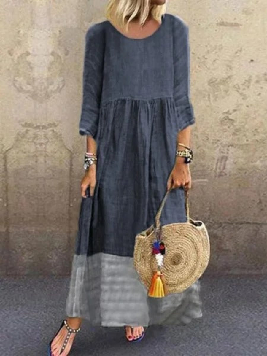 Casual Loose Plain Crew Neck 3/4 Sleeve Linen Paneled Weaving Maxi Dress