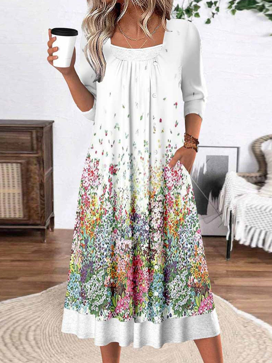 Stylish Square Neck 3/4 Sleeve Midi Dress