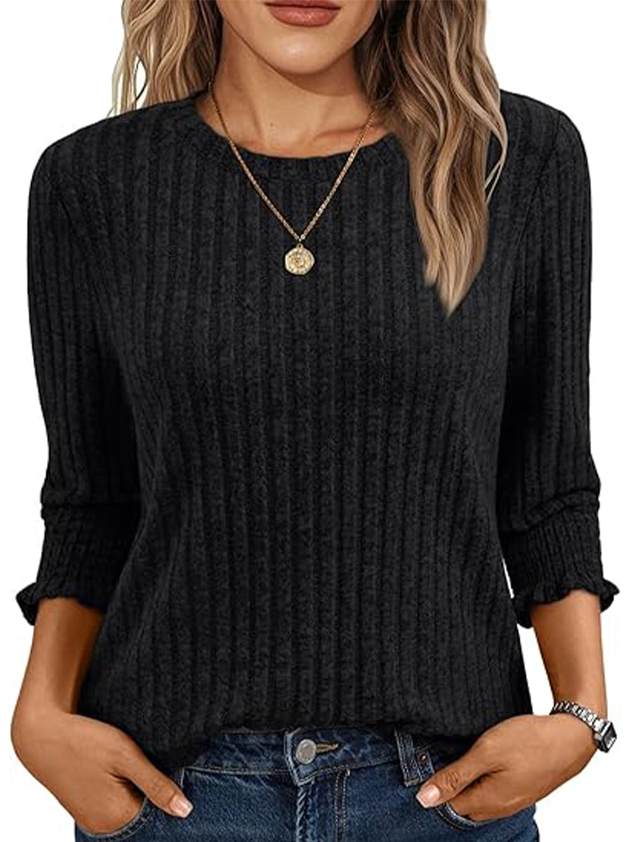 Solid Color Round Neck 3/4 Sleeve Sweater