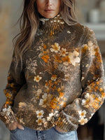 Vintage Floral Print Round Neck Long Sleeve Comfy Casual Sweater