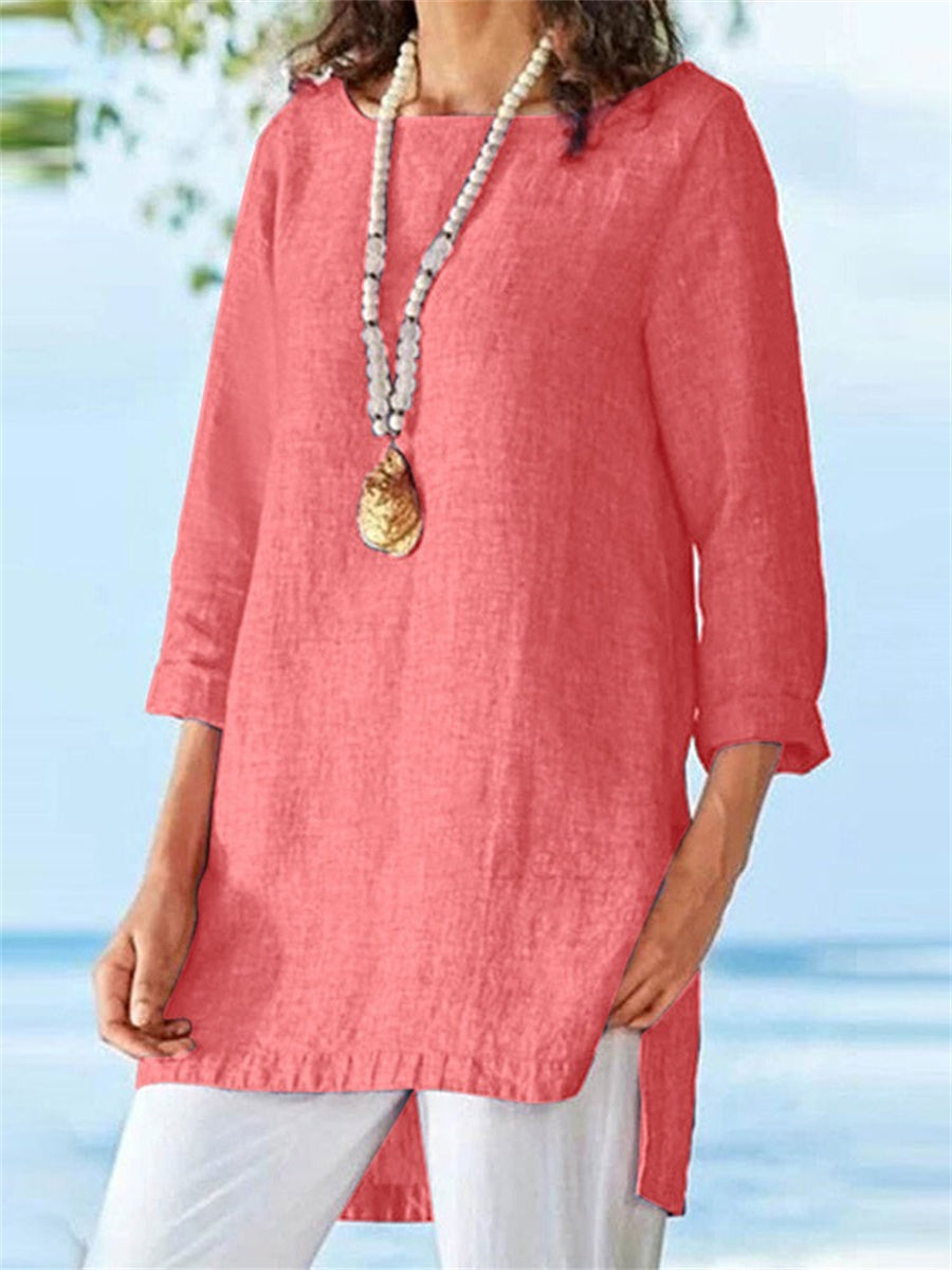 Pink High-Low Hem Long Sleeve Blouse