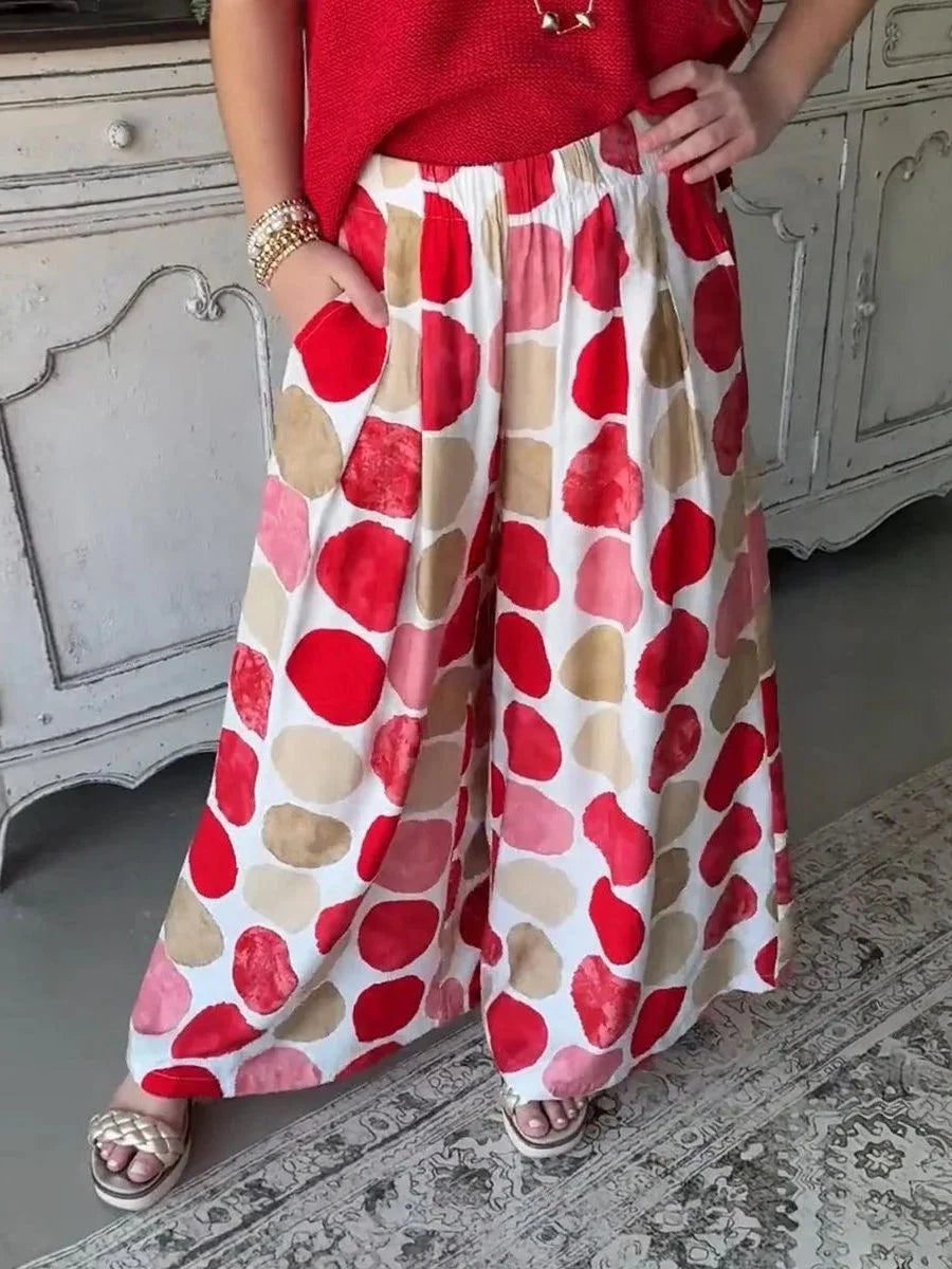 Red Pink Dot Elastic High Waist Wide Leg Pants