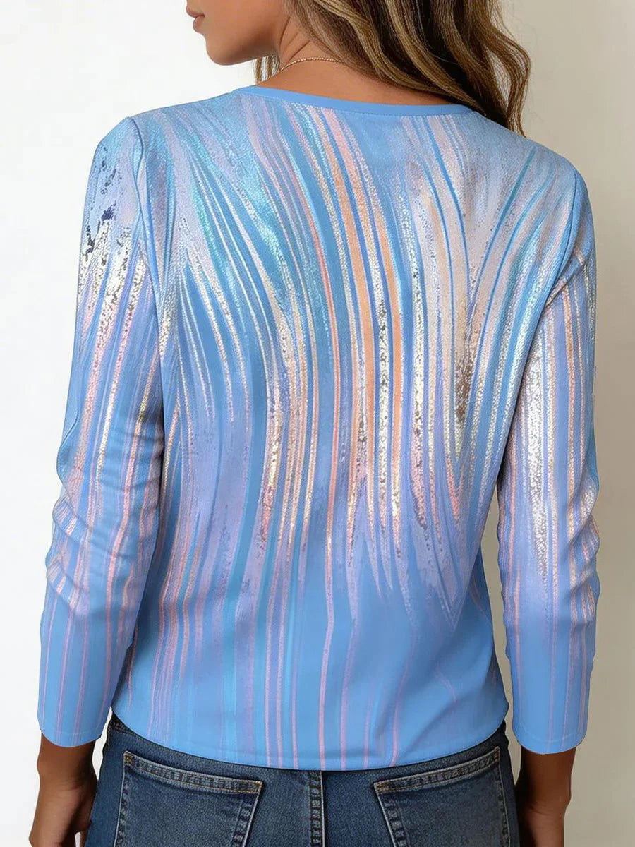 Shimmering Blue Metallic Stripe V-Neck Long Sleeve Top