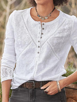 Women's White Lace Patchwork Round Neck Long Sleeve Top
