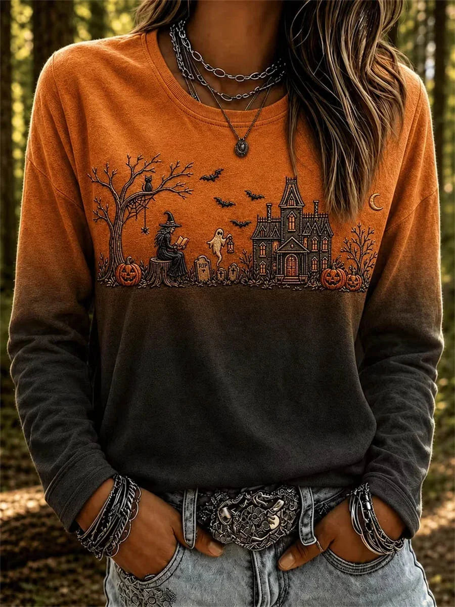 Casual Halloween Crew Neck Long Sleeve T-shirt