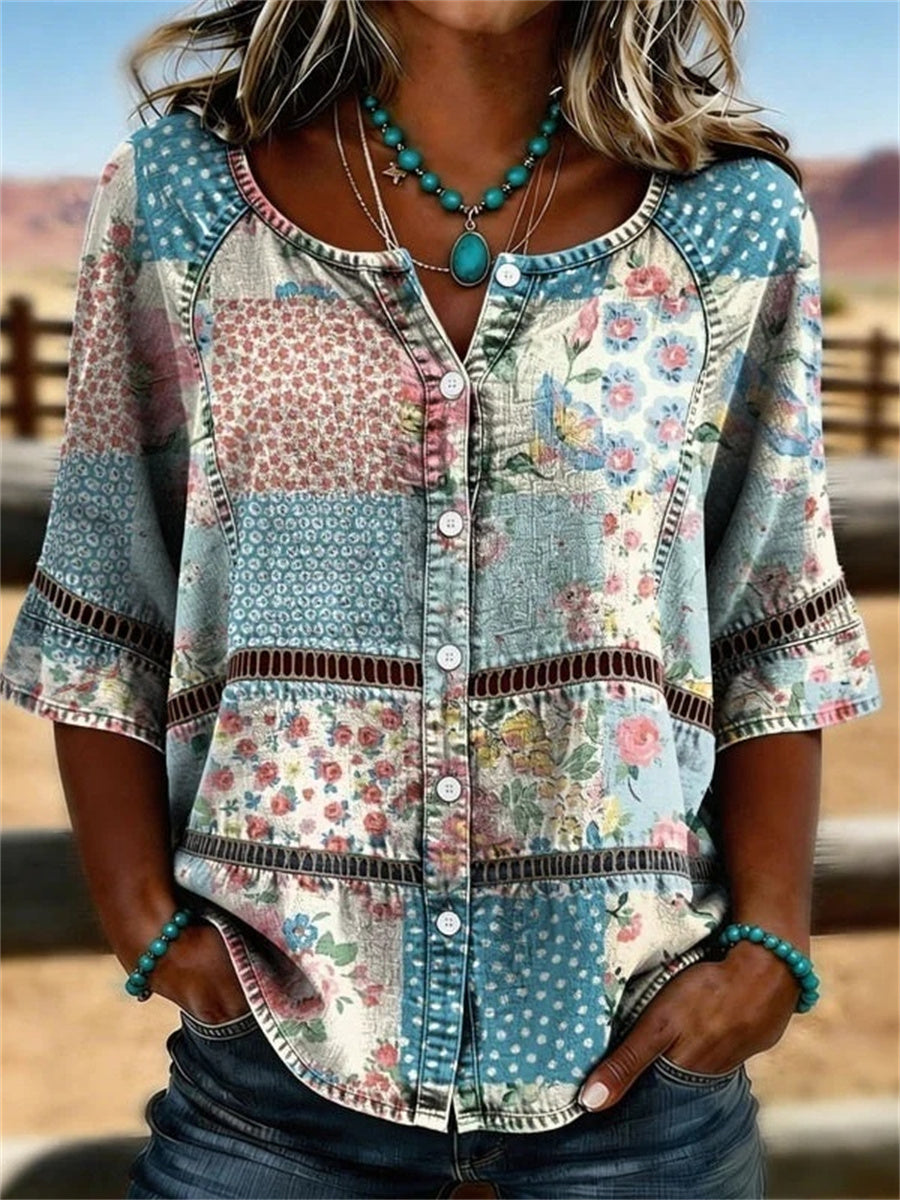 Vintage Floral Print 3/4 Sleeve Blouse