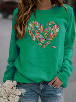Green Casual Graphic Tops Round Neck Long Sleeve Heart Printed Sweatshirt