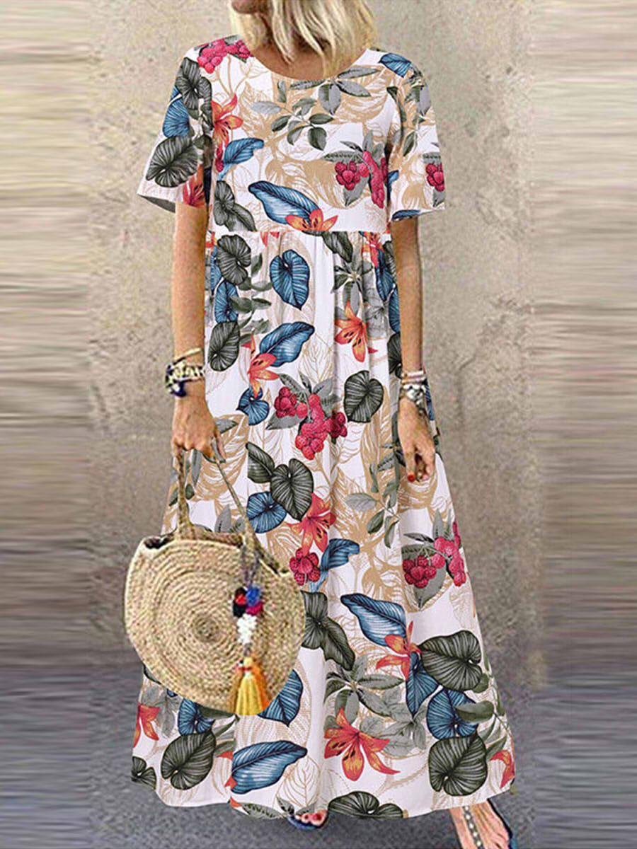 Casua Round Neck Short Sleeve Floral Maxi Dress