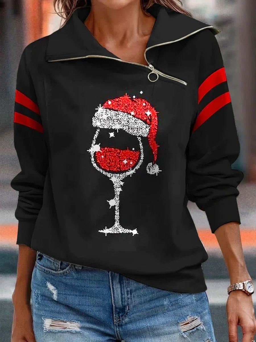 Black Casual Graphic Tops V Neck Printed Long Sleeve Xmas Sweatshirts