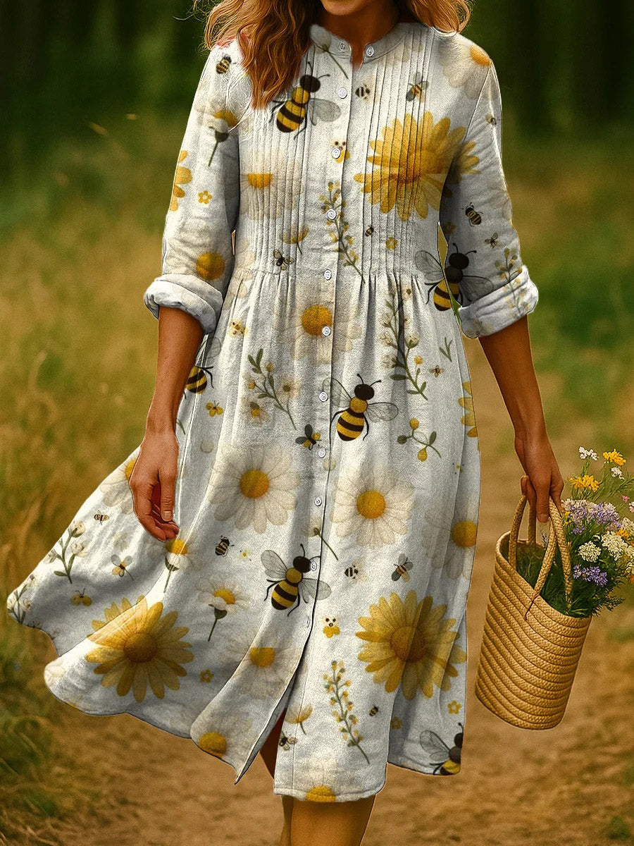 Women's Floral and Bee Print Long Sleeve Pleated Dress
