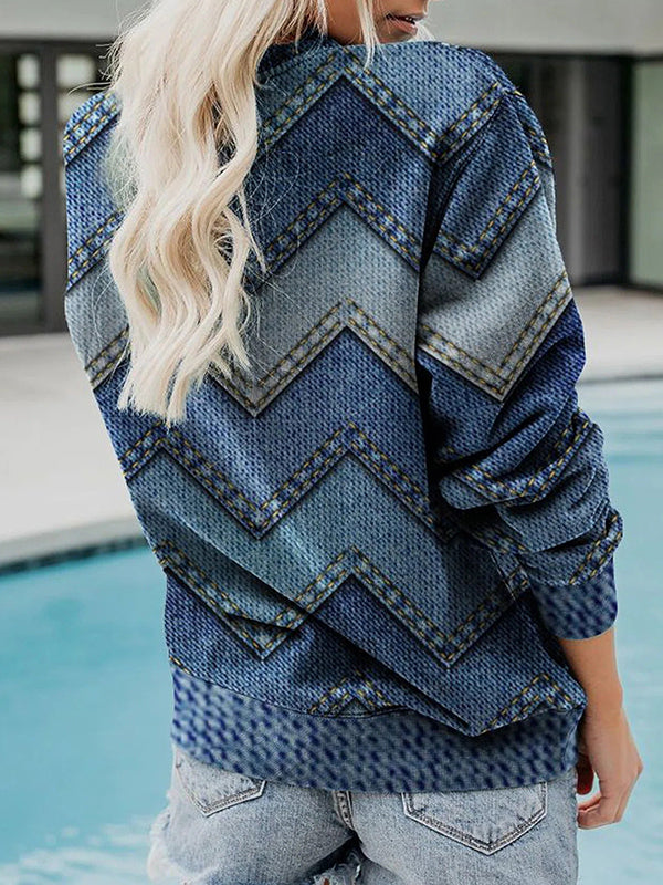 Blue Casual Round Neck Long Sleeve Geometric Printed Sweatshirts