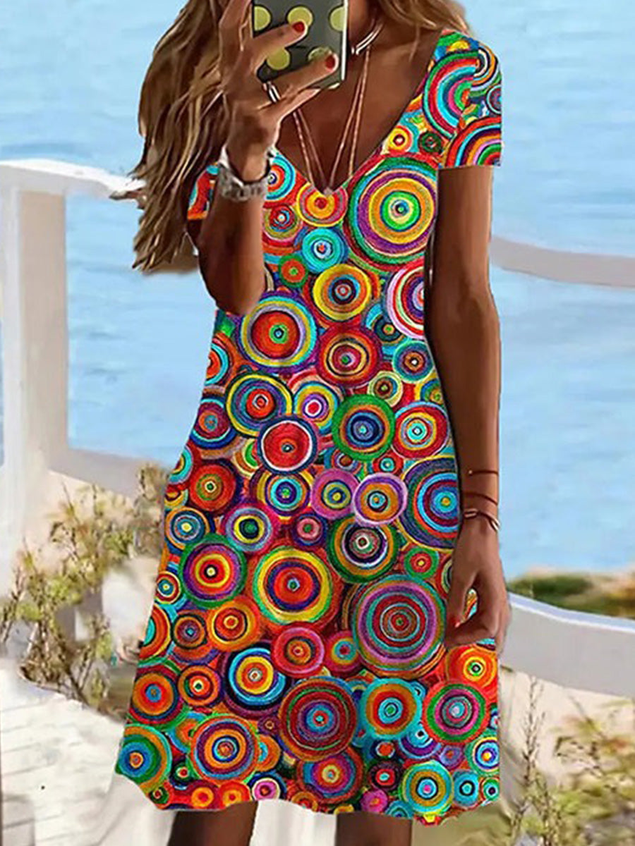 Colorful Abstract Print V Neck Dress