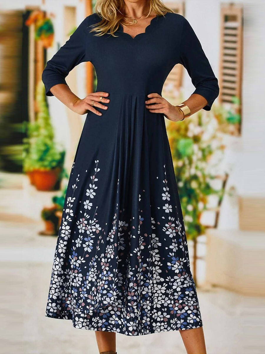 Casual Scalloped Neck 3/4 Sleeve Floral Midi Dress– LilyWish