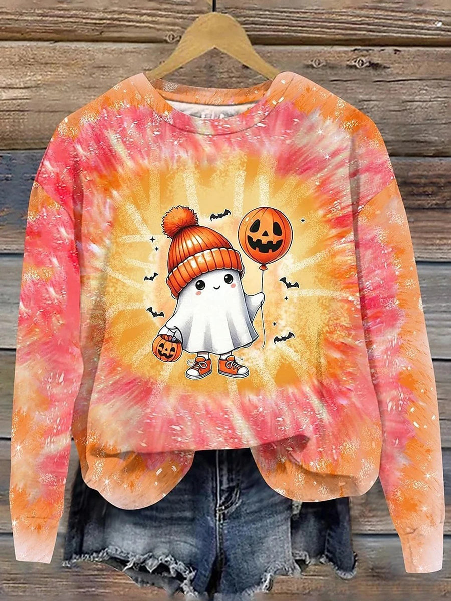 Halloween Cute Ghost Art Pattern Casual Round Neck Long Sleeve Sweatshirt
