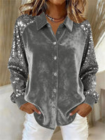 Women's Sequined Sleeve Patchwork Long Sleeve Velvet Loose Shirt