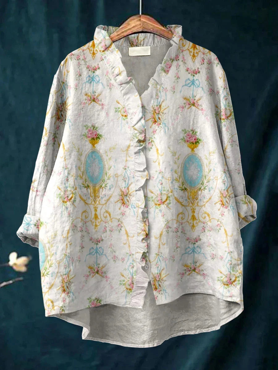 Vintage Floral Art Print Casual V-neck Long Sleeve Shirt