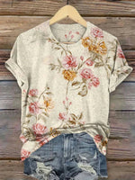 Vintage Floral Print Round Neck Short Sleeve T-Shirt