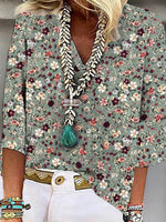 V Neck 3/4 Sleeve Floral Print Blouse