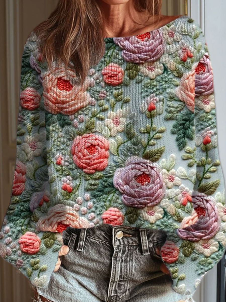 Women's Vintage Flower Art Print Casual Round Neck Long Sleeve Pullover Sweater