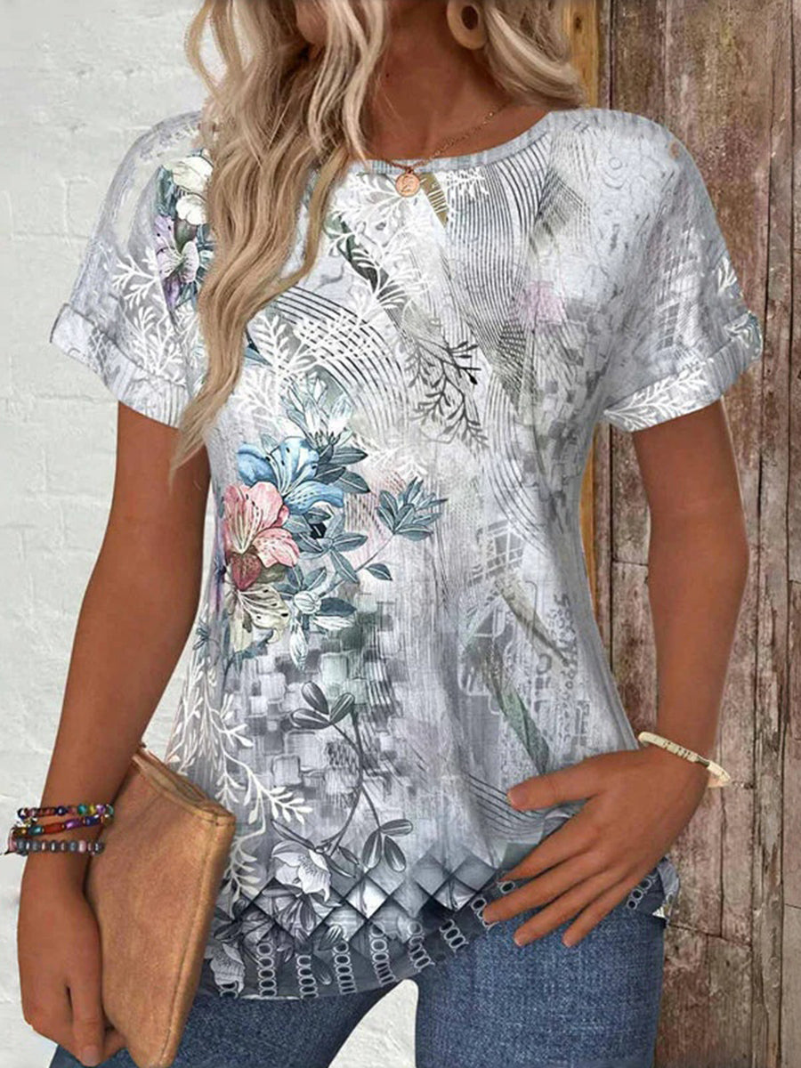 Vintage Floral Print Round Neck Short Sleeve T-Shirt