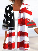 Red Striped Graphic Printed Half Sleeve Cardigan Two-Pieced Tops
