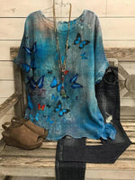 Colorful Casual Graphic Tops Round Neck Butterfly Printed Short Sleeve Blouse