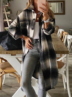 Black Casual Lapel Long Sleeve Plaid Printed Coat