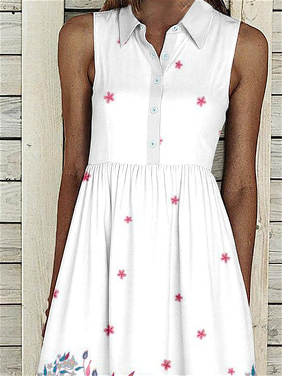 Women Sleeveless Lapel Floral Printed Graphic Button Pockets Maxi Dress