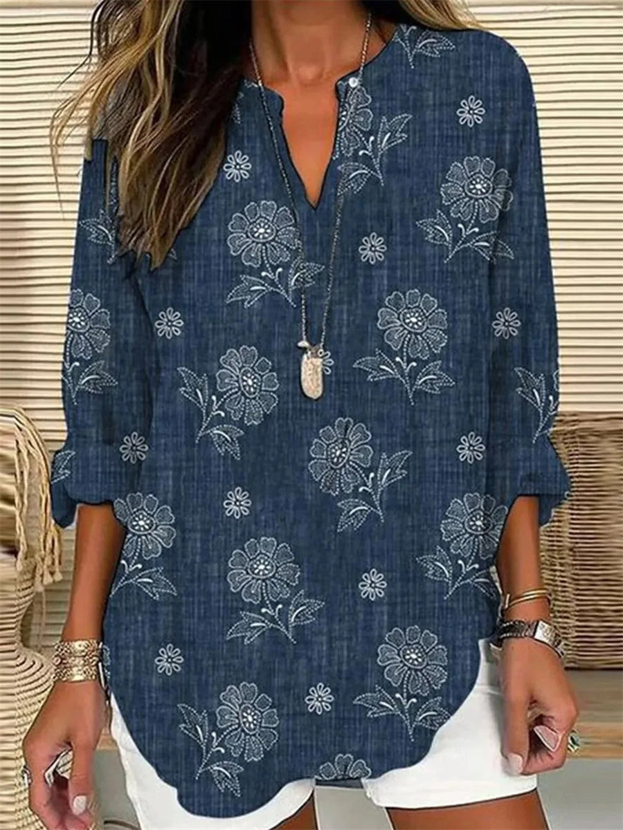 Vintage Floral V Neck Long Sleeve Loose Blouse